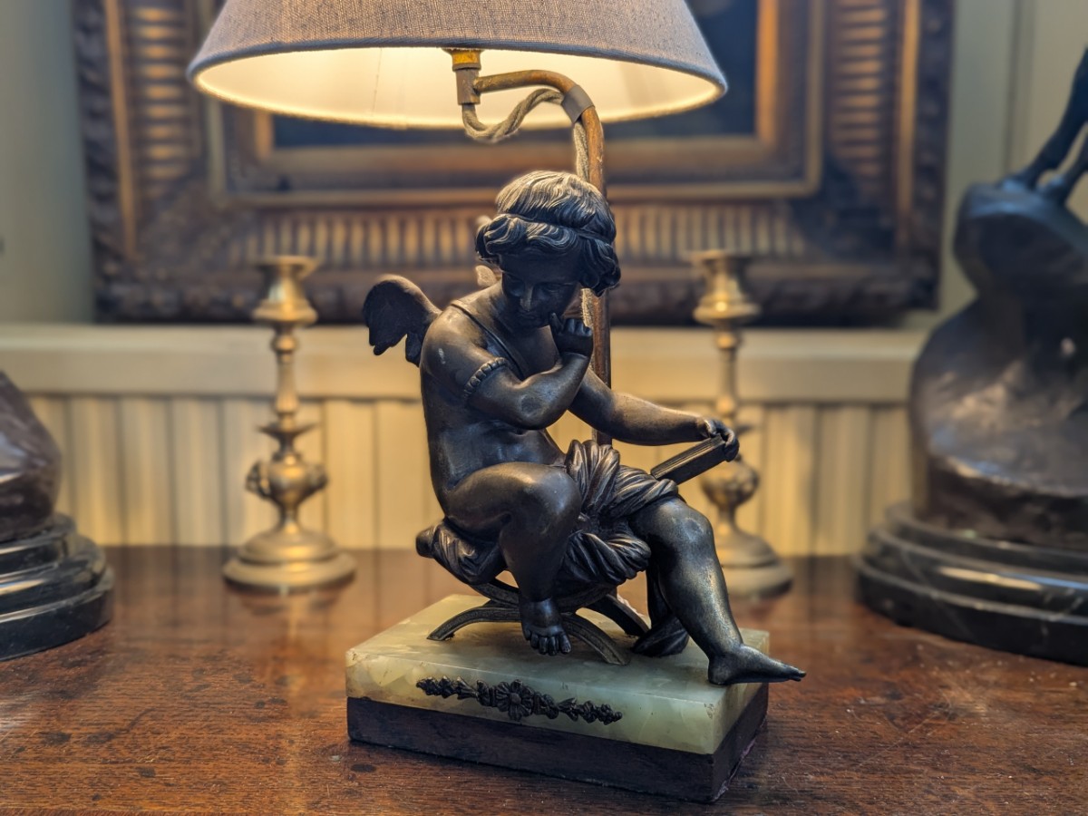 Late 19th Century Bronze Cherub Table Lamp On Onyx Base
